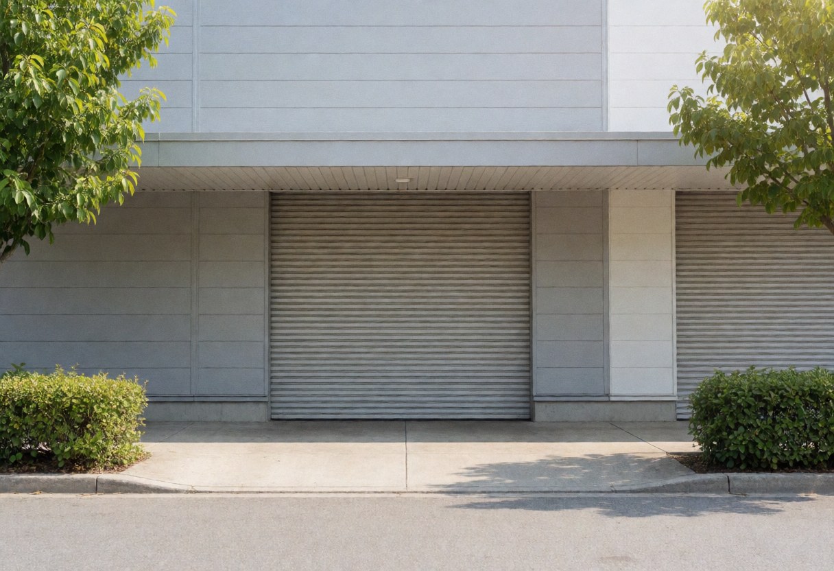 Gray logistics warehouse facade with metal roll-up door, trees, and bushes in a suburban setting under natural light.