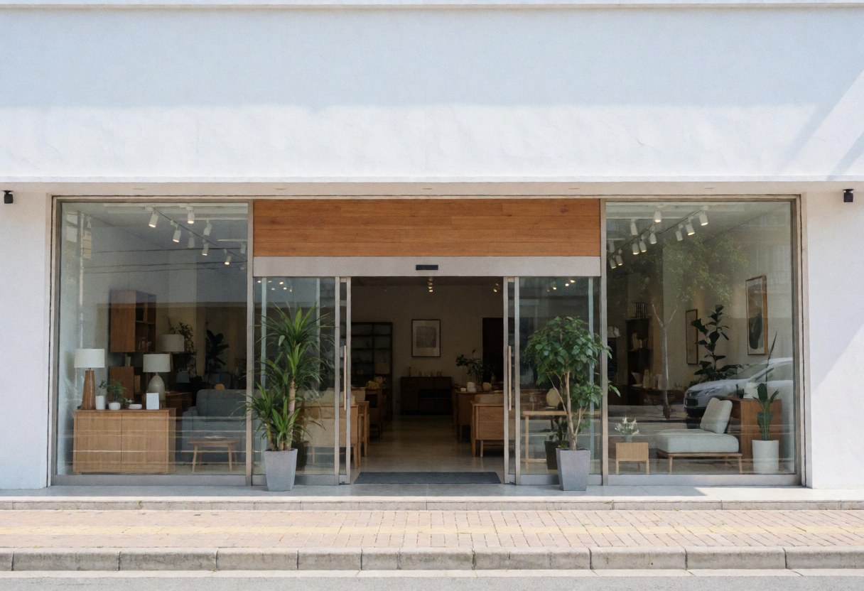 Clean white facade of a modern furniture shop featuring large glass doors, potted plants, and a paved sidewalk entrance.