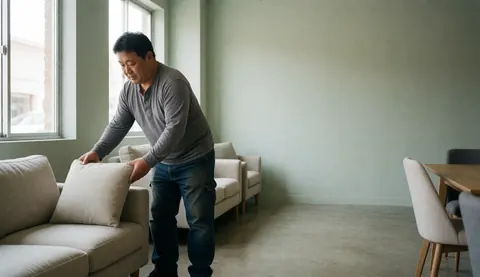 A man arranging cushions on a sofa in a well-lit furniture showroom with concrete floors and neutral decor