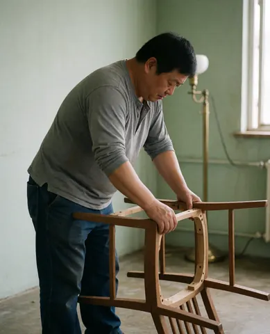 A man in a gray t-shirt and jeans assembles a wooden chair frame in a workshop with green walls and a polished floor.