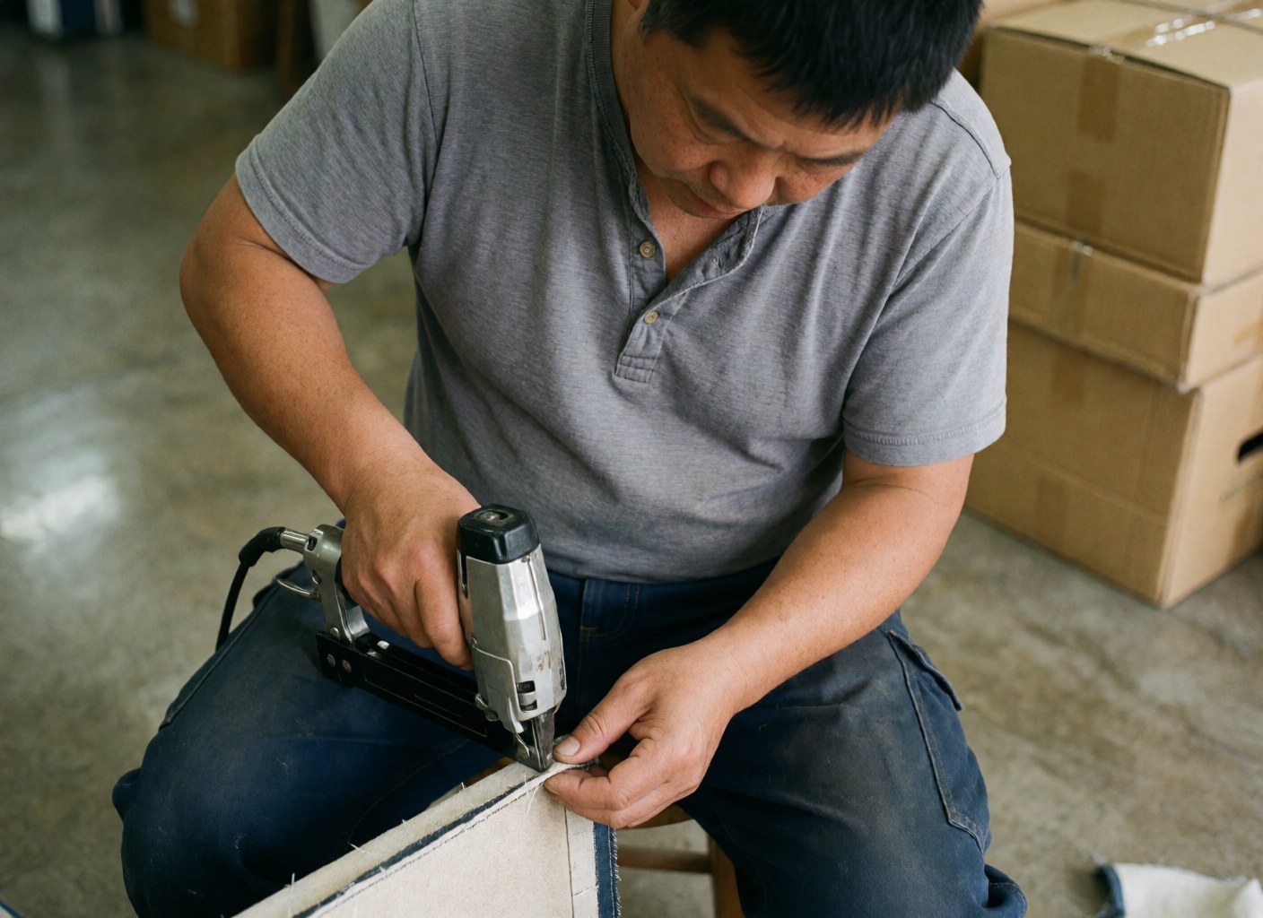 Close-up of skilled hands operating a nail gun to assemble wooden furniture components in a workshop setting with tools and materials visible.