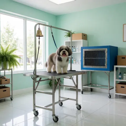 A clean, well-groomed dog stands on a stainless steel grooming table in a salon with green walls and a white floor, near a blue cage and a plant.