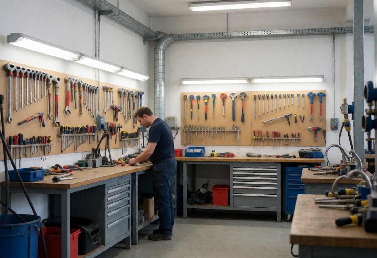 Plumber working in a plumbing workshop with tools organized on walls, work tables, and metal drawers under industrial lights.