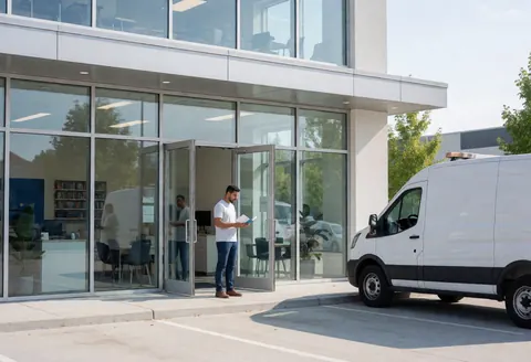 Modern plumbing business storefront with a service van parked outside. A man stands at the entrance reading a document in a professional and clean setting.