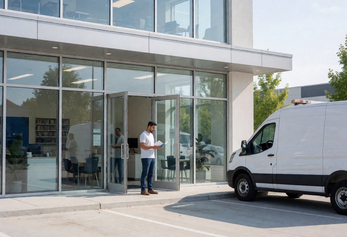 Modern plumbing business storefront with a service van parked outside. A man stands at the entrance reading a document in a professional and clean setting.