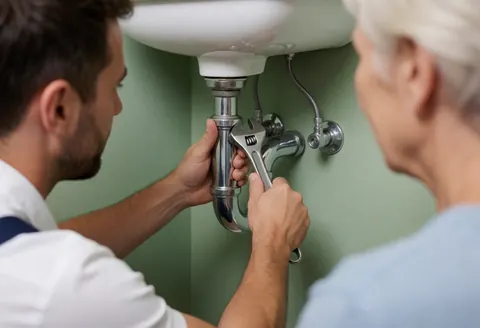 Plumber using an adjustable wrench to fix plumbing under a white sink while an older client watches closely in a bright room with green walls.