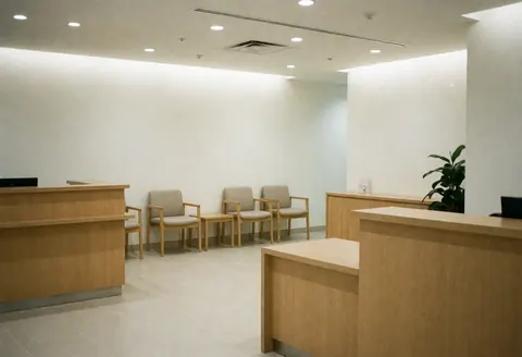 Modern optical store reception with light wood furniture, waiting chairs, white walls, and a plant creating a professional and relaxed atmosphere