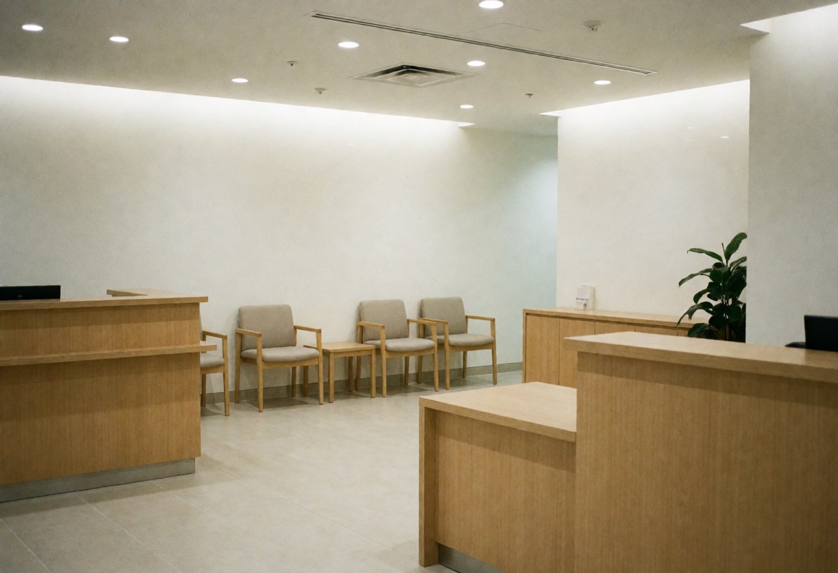 Modern optical store reception with light wood furniture, waiting chairs, white walls, and a plant creating a professional and relaxed atmosphere
