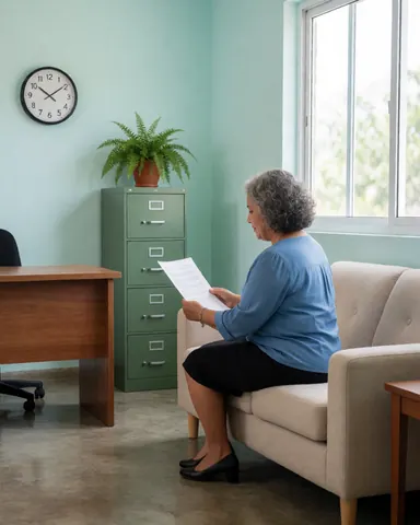 A happy woman sits on a sofa in a modern office, reviewing documents with a contract while sitting at a desk near a window.