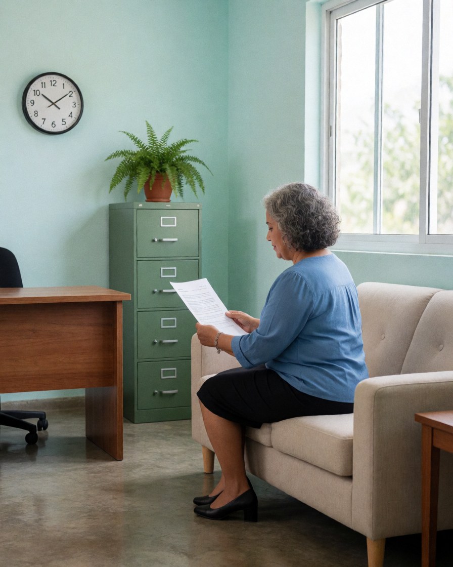 A happy woman sits on a sofa in a modern office, reviewing documents with a contract while sitting at a desk near a window.
