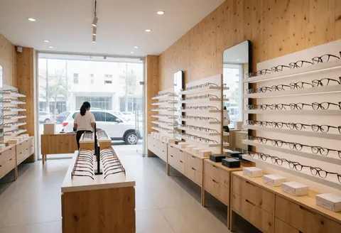 Clean modern optical shop with eyeglass frame shelves, wooden walls, and a person working near the window