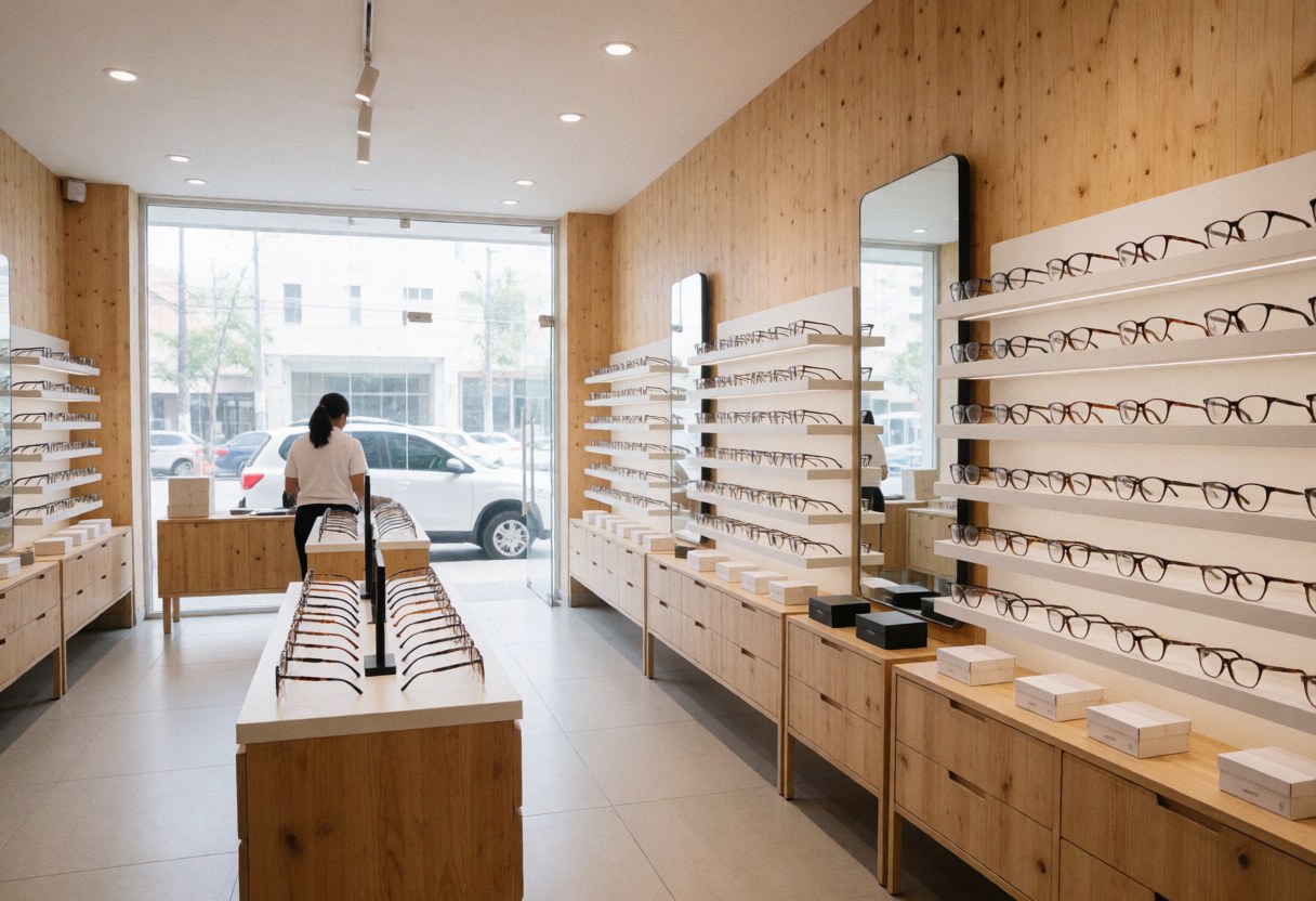 Clean modern optical shop with eyeglass frame shelves, wooden walls, and a person working near the window