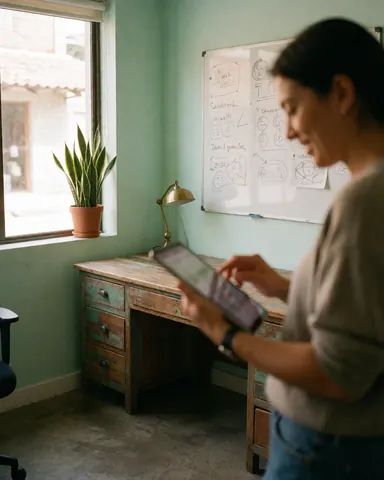 A happy customer using a tablet in a modern green office with wooden desk and window plant.