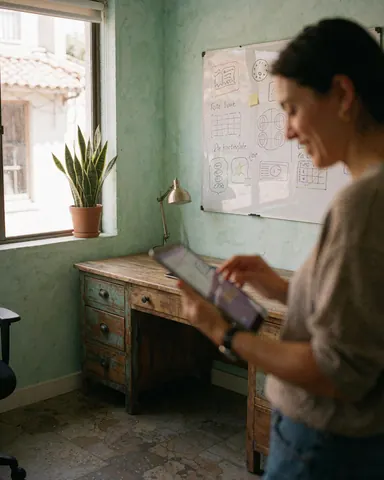 A happy customer using a tablet in a modern green office with wooden desk and window plant.