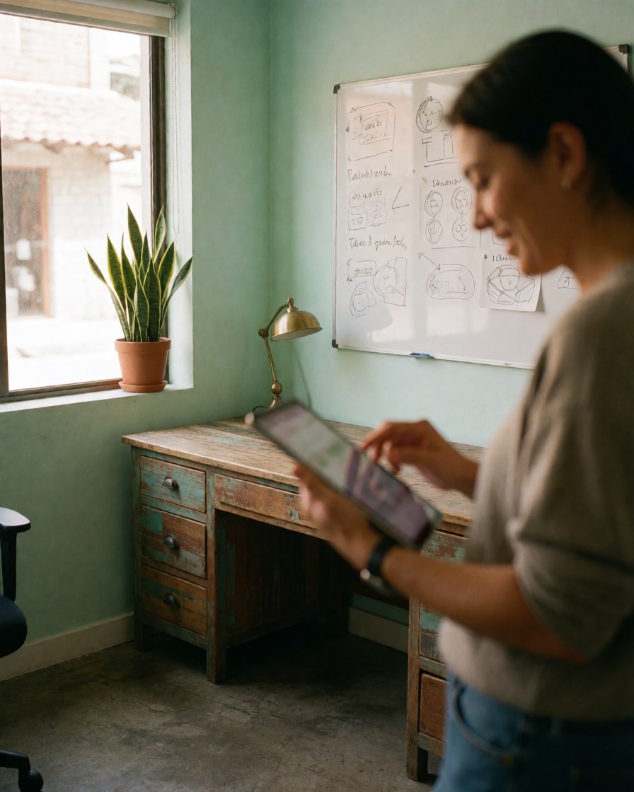 A happy customer using a tablet in a modern green office with wooden desk and window plant.