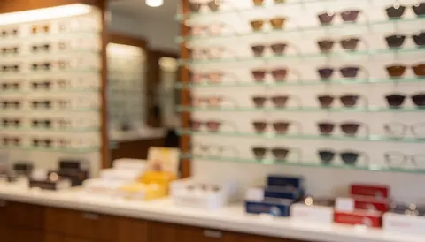 Blurred optical shop interior featuring eyeglass shelves, product boxes, and a wooden table with warm lighting and text space at the top