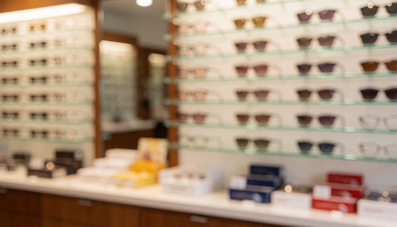 Blurred optical shop interior featuring eyeglass shelves, product boxes, and a wooden table with warm lighting and text space at the top