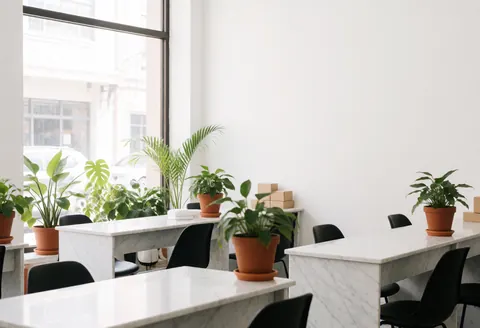 Clean minimalist nail salon interior featuring white marble tables, black chairs, green plants, and large windows letting in natural light.