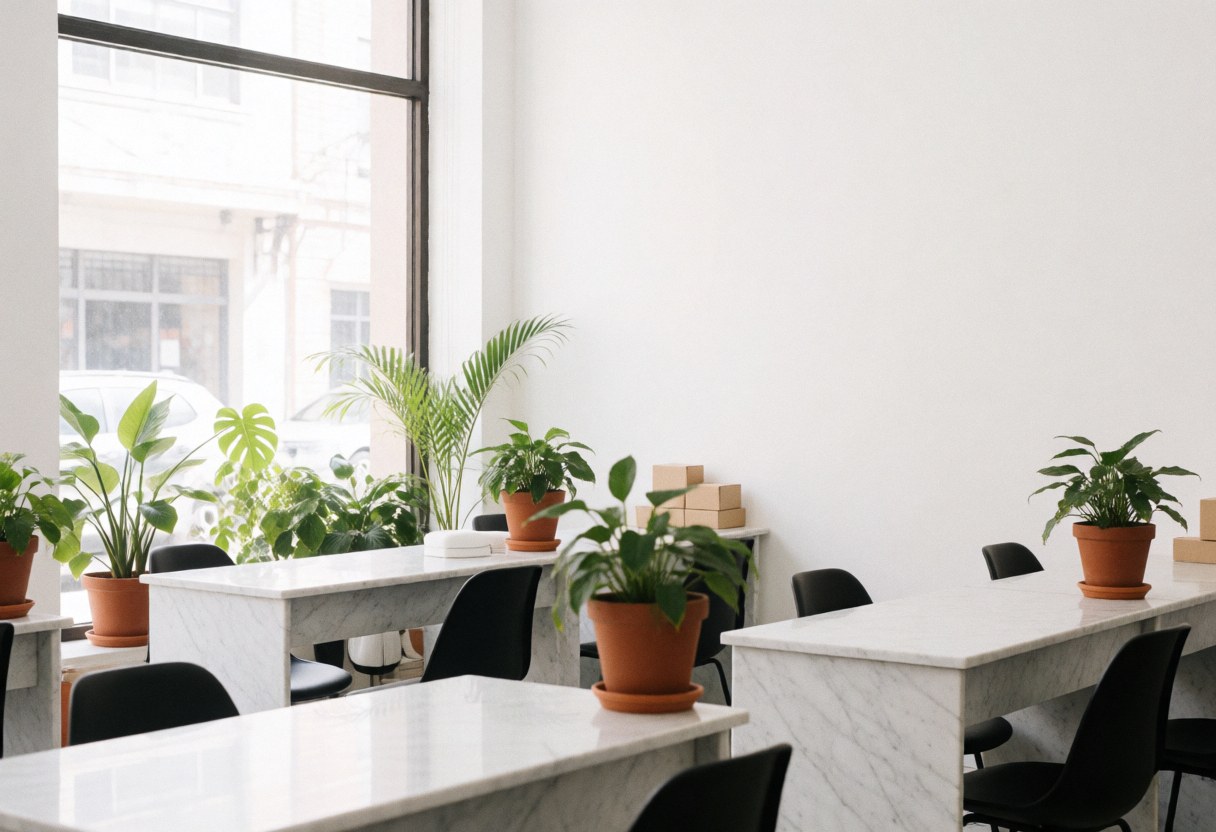 Clean minimalist nail salon interior featuring white marble tables, black chairs, green plants, and large windows letting in natural light.