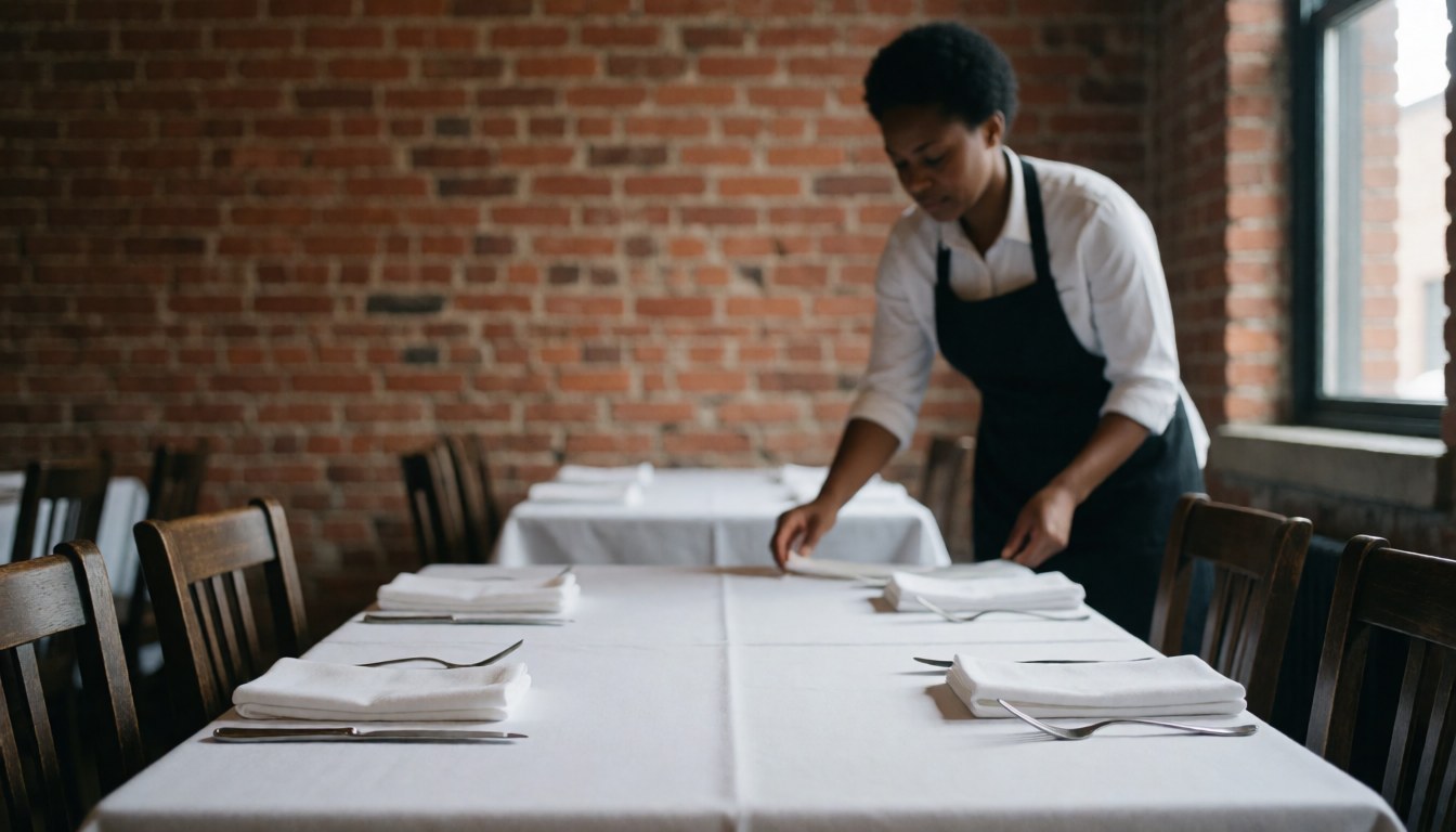 Catering team arranging white tablecloths, silverware, and chairs in a brick-walled room with natural light for an event