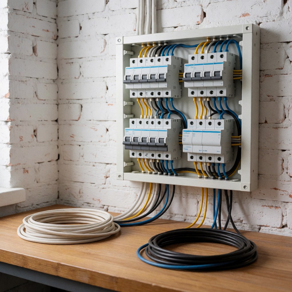 Organized electrical circuit panel with cables mounted on a white brick wall, suitable for professional electricians in workshops or offices.