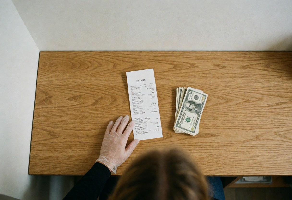 A gloved hand holds a receipt and dollar bills on a light wooden table during a store payment transaction.