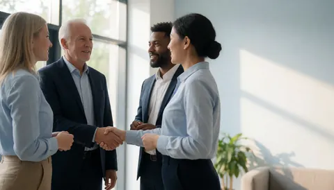 Four professionals in a modern office, two shaking hands while others smile, with natural light from a window creating a collaborative business atmosphere.