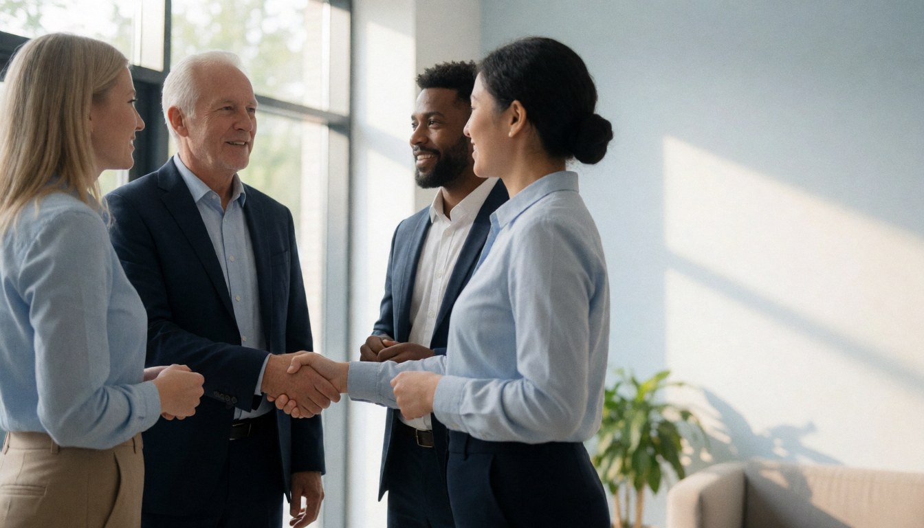 Four professionals in a modern office, two shaking hands while others smile, with natural light from a window creating a collaborative business atmosphere.