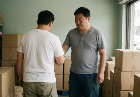 A salesperson helps a customer in a furniture store surrounded by wooden boxes with green walls and natural light