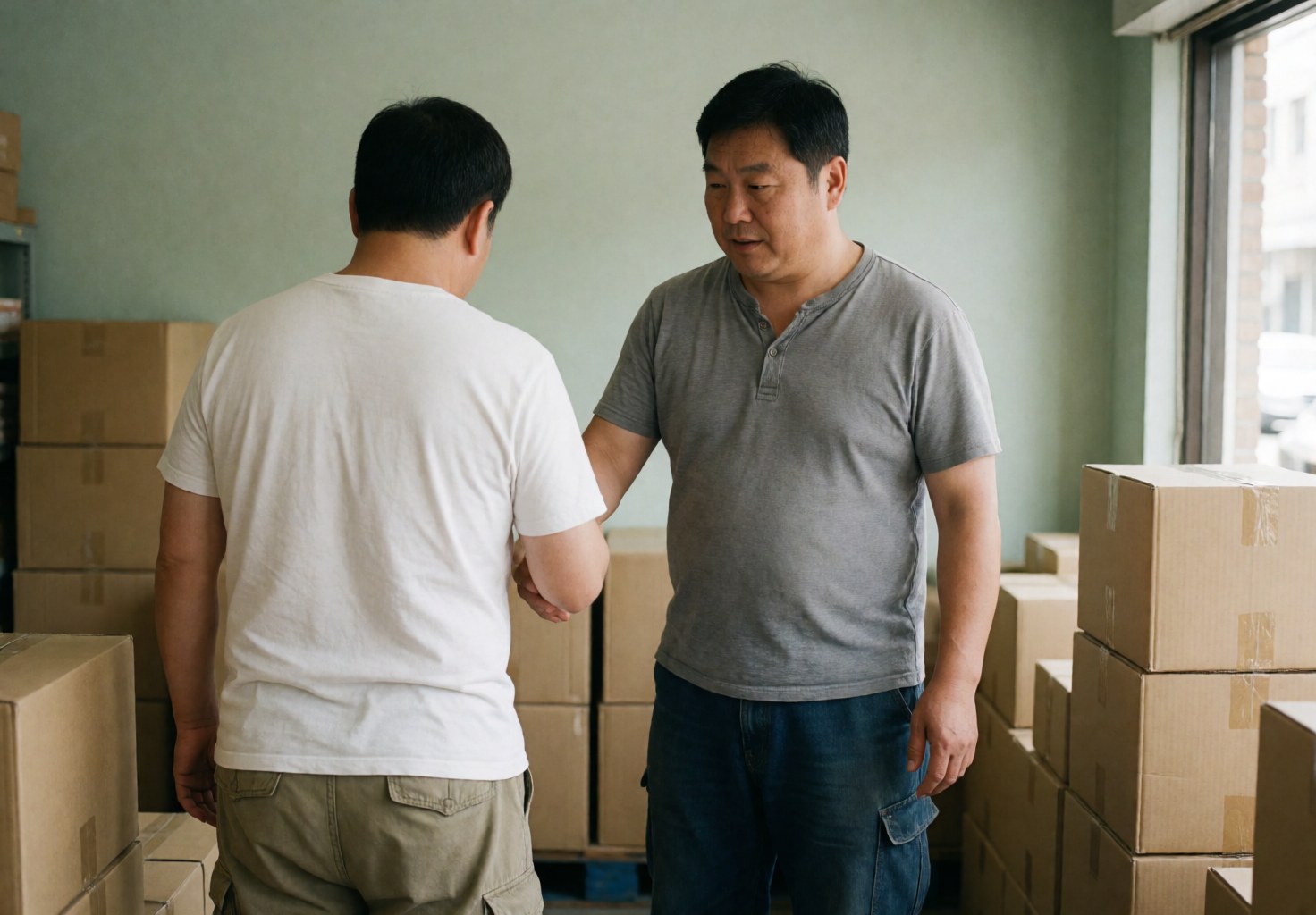A salesperson helps a customer in a furniture store surrounded by wooden boxes with green walls and natural light