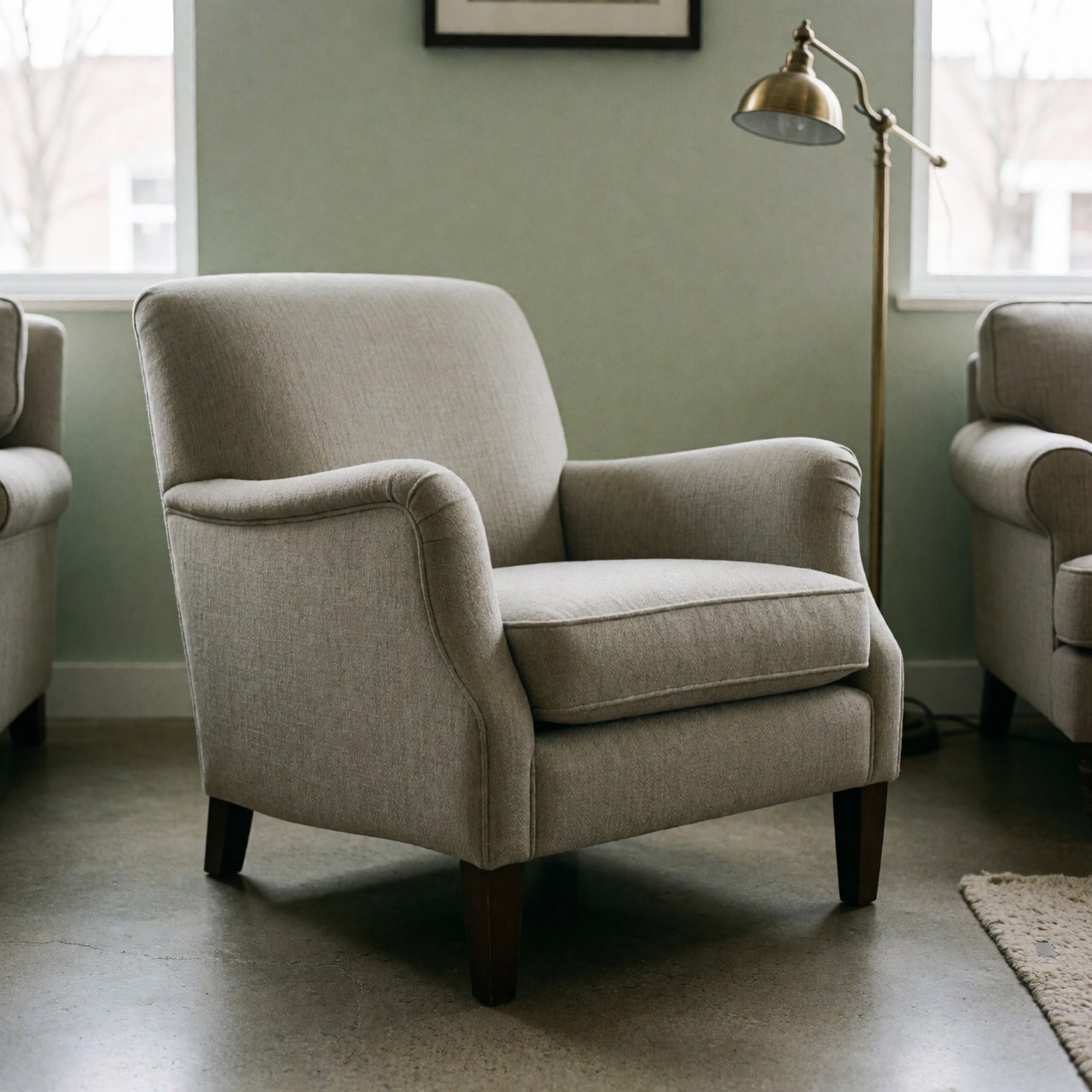 A finished upholstered armchair ready for display in a furniture store, showcasing modern design and comfortable seating for living rooms or reading areas.