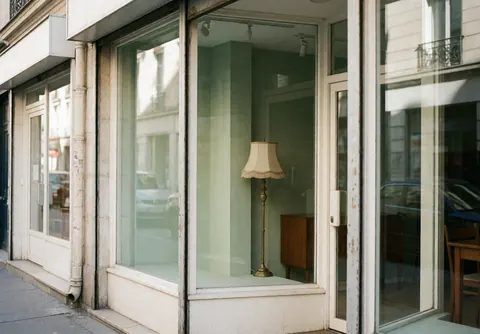 A bright and inviting furniture store facade with large glass windows, warm lighting, and a clean exterior design