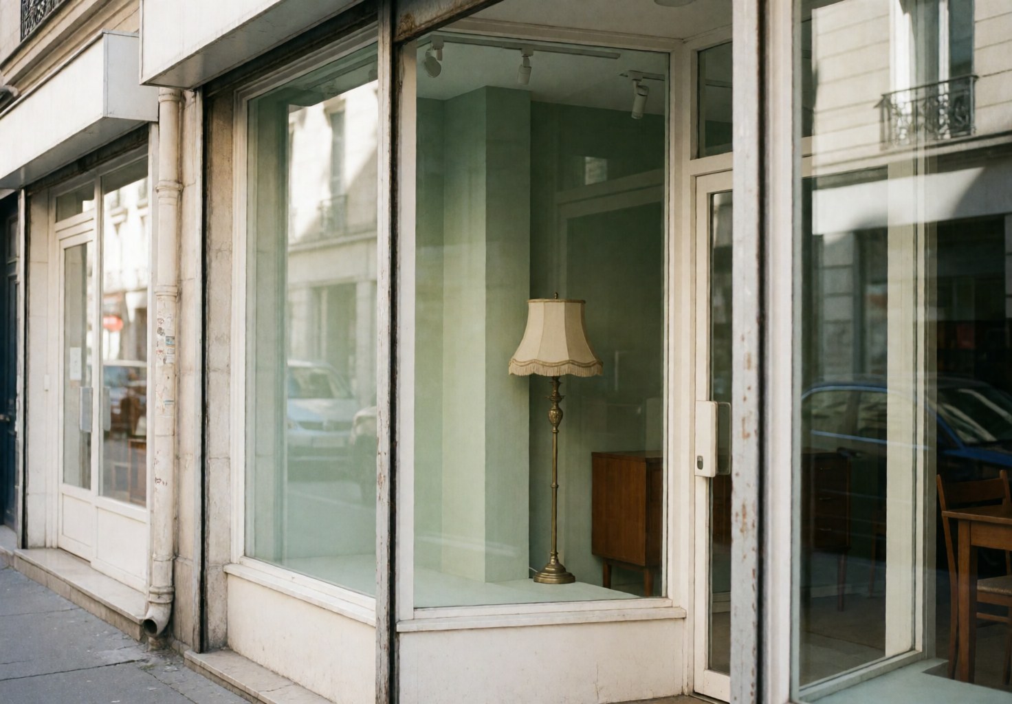 A bright and inviting furniture store facade with large glass windows, warm lighting, and a clean exterior design
