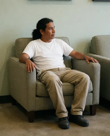 A relaxed man sitting comfortably on a stylish sofa in a modern furniture store with green walls and polished floors