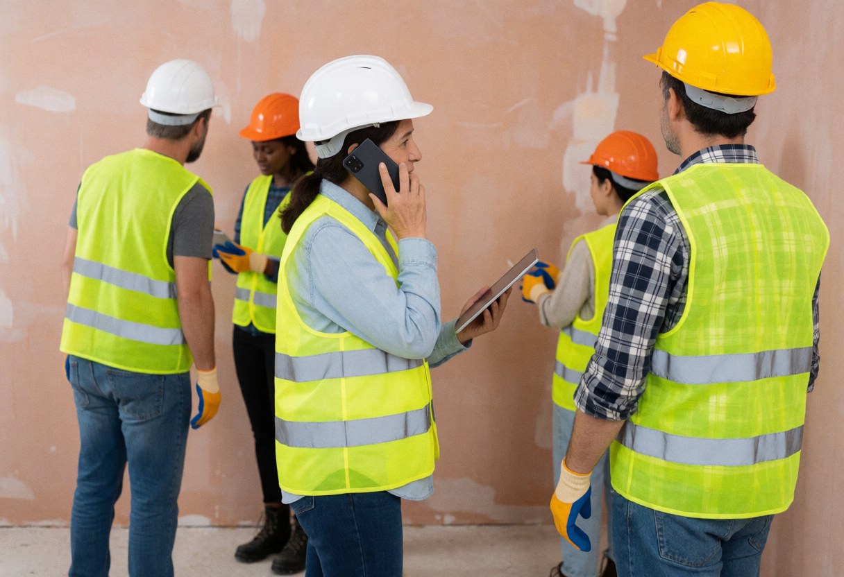 A woman wearing a hard hat and safety vest walks on a construction site while talking on her phone and holding a tablet, with other workers and drywall walls in the background.