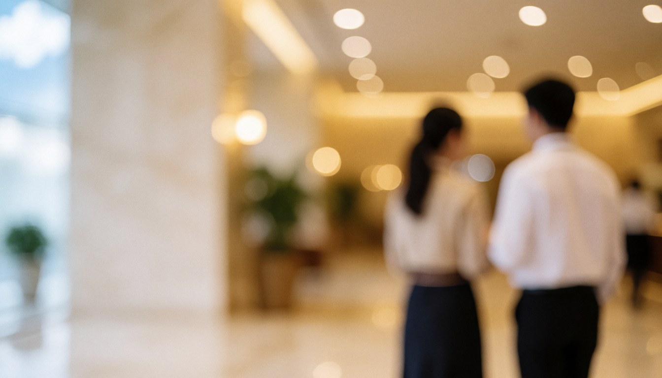 Warm-toned luxury hotel lobby interior with soft bokeh lighting and ample copy space for business text and presentations