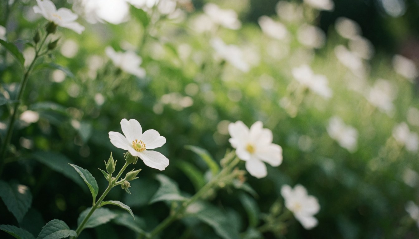 Soft focus green garden background with white flowers, ideal for wedding and event text overlays