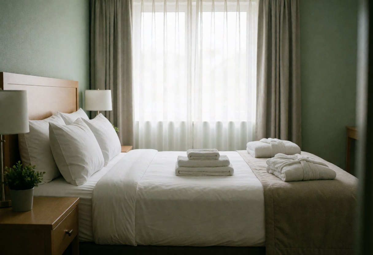 Hotel bed with white sheets, folded towels, and a plant on the nightstand, soft natural light through the window with curtains.