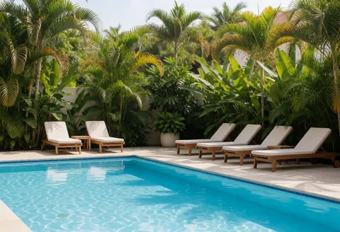 Outdoor pool with wooden lounge chairs and white cushions surrounded by palm trees and tropical foliage under bright sun