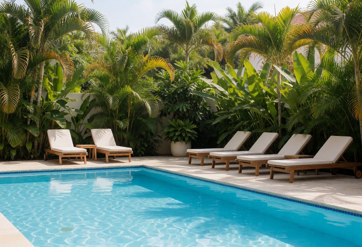 Outdoor pool with wooden lounge chairs and white cushions surrounded by palm trees and tropical foliage under bright sun