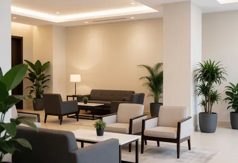 Modern hotel lobby featuring contemporary furniture, green plants, and beige walls with warm lighting creating a sophisticated atmosphere for travelers.