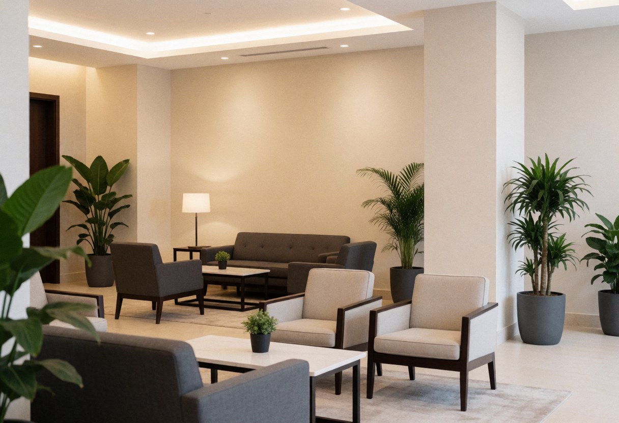 Modern hotel lobby featuring contemporary furniture, green plants, and beige walls with warm lighting creating a sophisticated atmosphere for travelers.