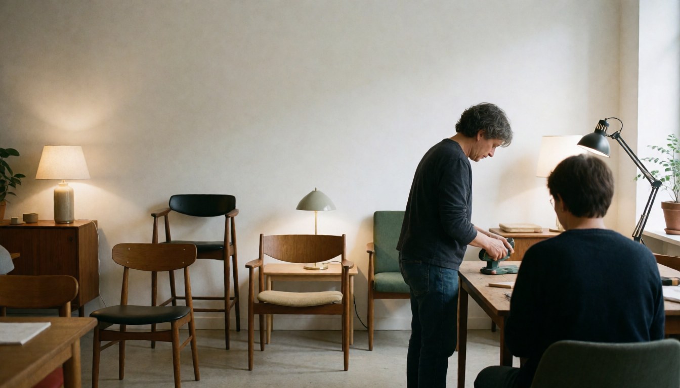 Two people working on wooden furniture in a workshop. Design chairs, lamps, and tools on tables. White walls and warm light. Professional and cozy atmosphere.