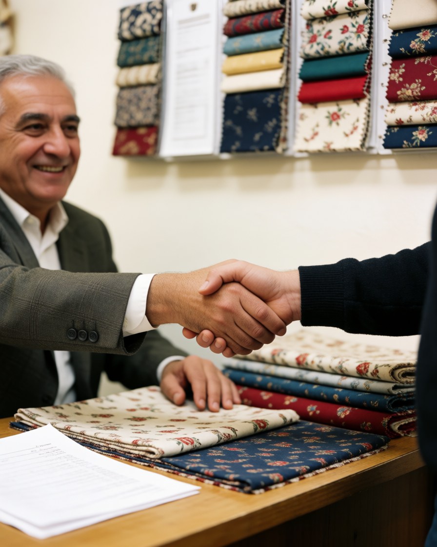 A furniture sales associate shakes hands with a customer at the counter, with colorful fabric swatches displayed on the wall and counter in a professional setting.