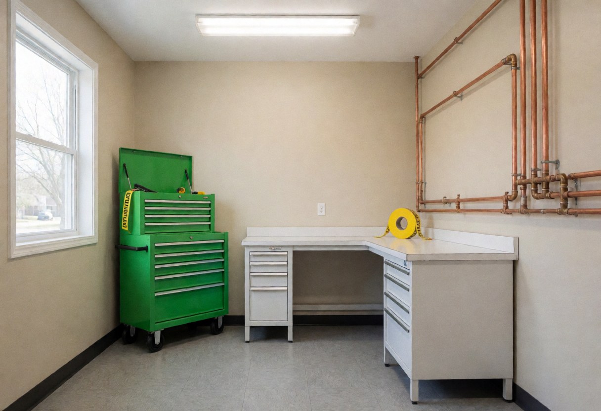 Clean plumbing office interior featuring beige walls, gray floor, white workbench, wall-mounted copper pipes, green toolbox, and yellow tape under fluorescent lighting.