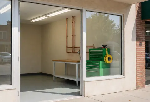 Gray floor and beige wall of a plumbing shop exterior featuring copper pipes, a green toolbox, yellow tape, and fluorescent lighting on a sunny day.