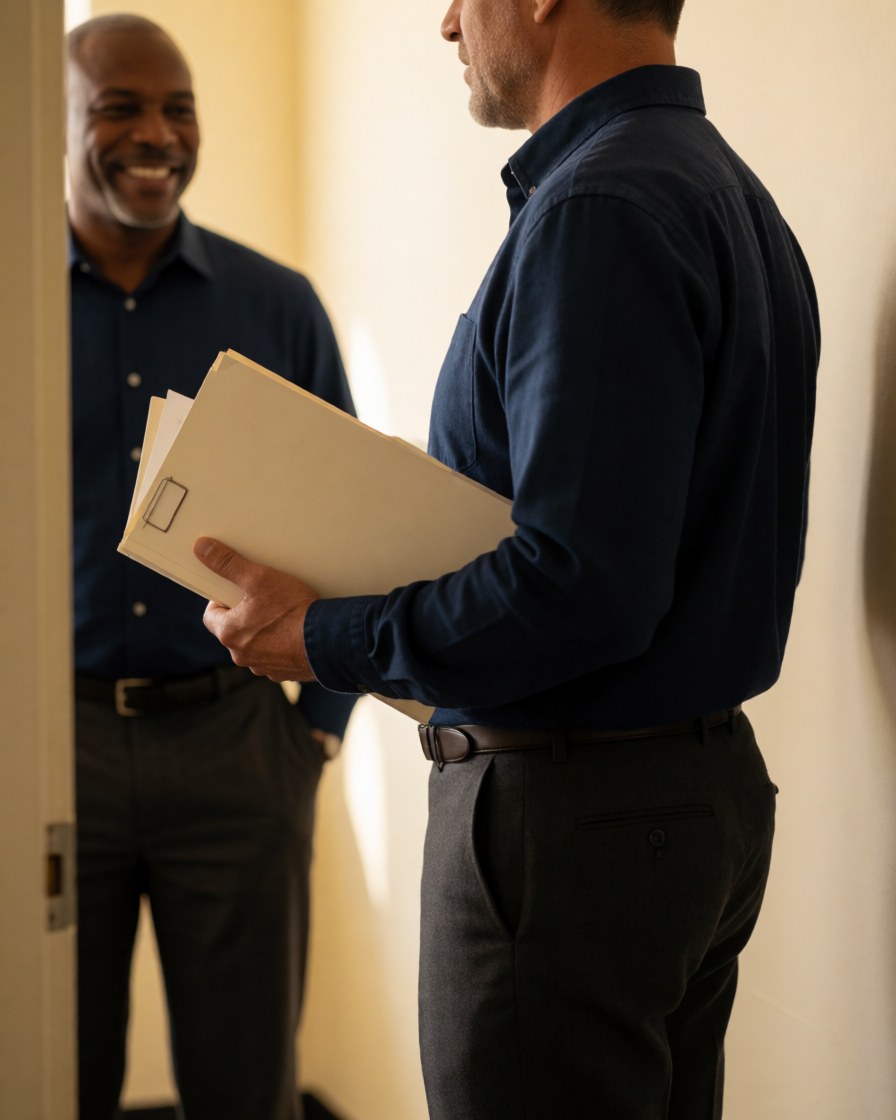 A smiling man in business attire holding a document folder while standing in a bright, modern corporate office with cream walls and natural light
