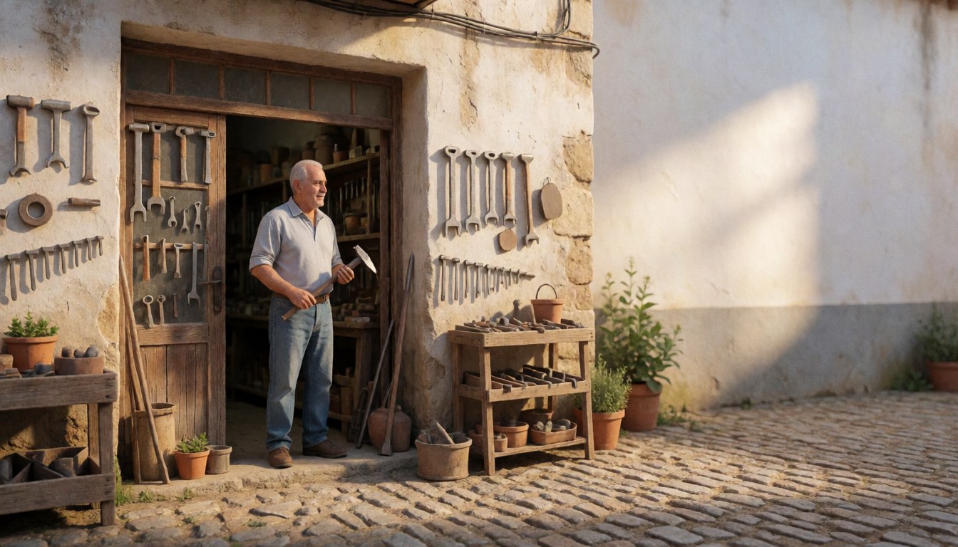 A rustic hardware store facade with stone walls, a wooden door, and potted plants under bright sunlight in a Spanish alleyway