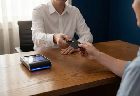 A banker hands a debit card to a client at a wooden desk with a digital payment terminal displaying blue light, ensuring a secure transaction.