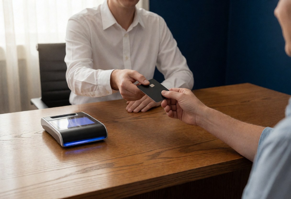 A banker hands a debit card to a client at a wooden desk with a digital payment terminal displaying blue light, ensuring a secure transaction.